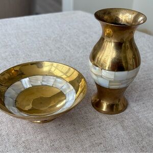 VINTAGE HAND MADE SOLID BRASS VASE &BOWL SET DECORATED WITH MOTHER OF PEARL